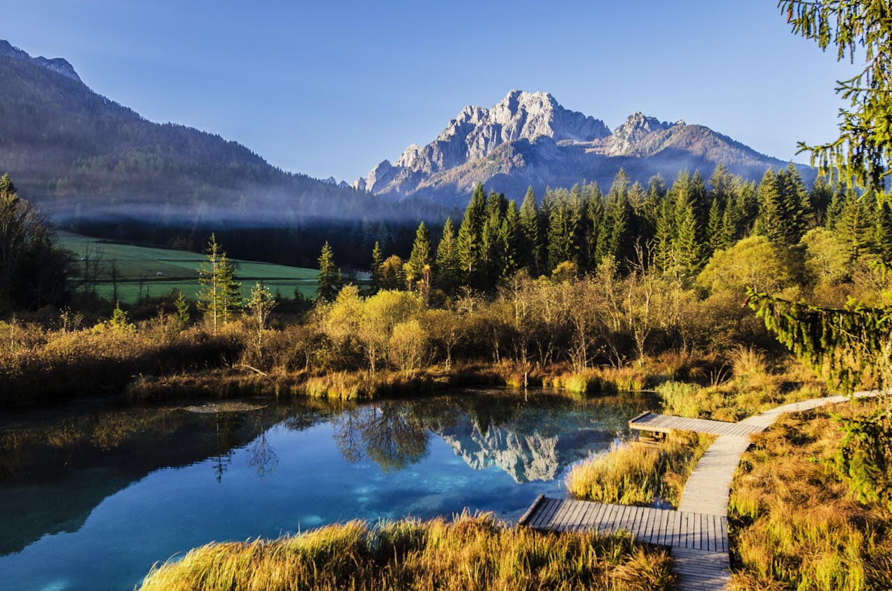 Home Serene mountain lake with forest reflections and a clear blue sky.